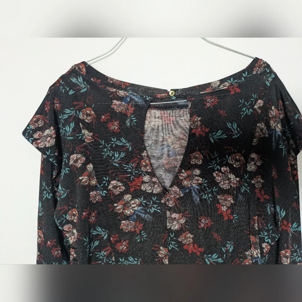 Free People EUC Womens Size Xs 3/4 Sleeve Floral Black Red Blouse Shirt Top Boho - Picture 7 of 14